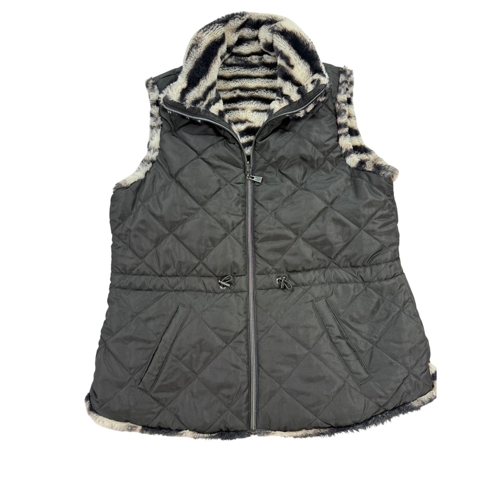 Activology Reversible Vest Womens PM Black Zebra NWT Quilted Faux Fur Puffer